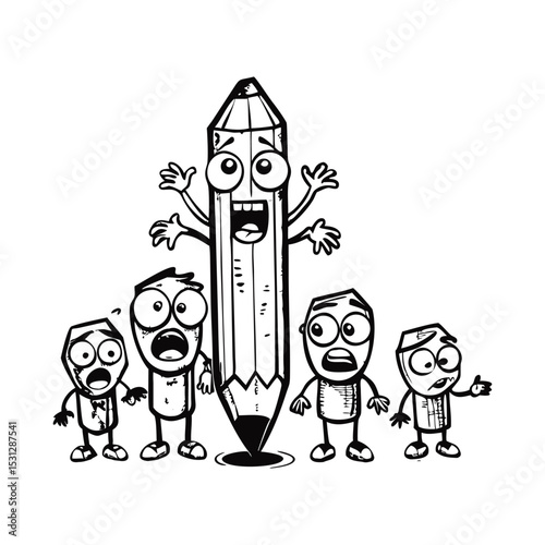 Black and White Cartoon Illustration of Expressive Pencil Character with Emotional Faces in Clean Layout