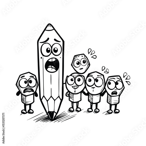 Black and White Cartoon Illustration of Expressive Pencil Character with Emotional Faces in Clean Layout