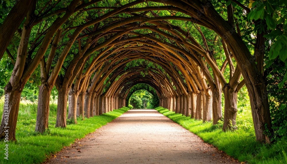 Obraz premium Natural Archway Formed by Woven Tree Branches Over a Pathway