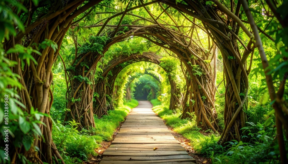 Obraz premium Woven Vines Create Natural Tunnel Pathway Through Lush Jungle Setting