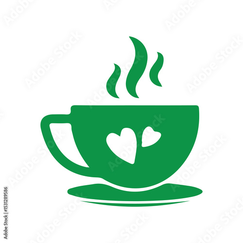 Green Coffee Cup Icon with Heart and Steam – Minimal Vector Design