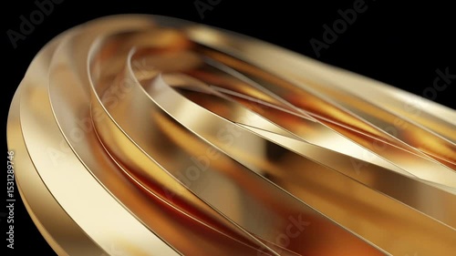 Close-up abstract view of swirling golden metallic ribbons creating a dynamic, fluid shape against a dark background with reflections and highlights.