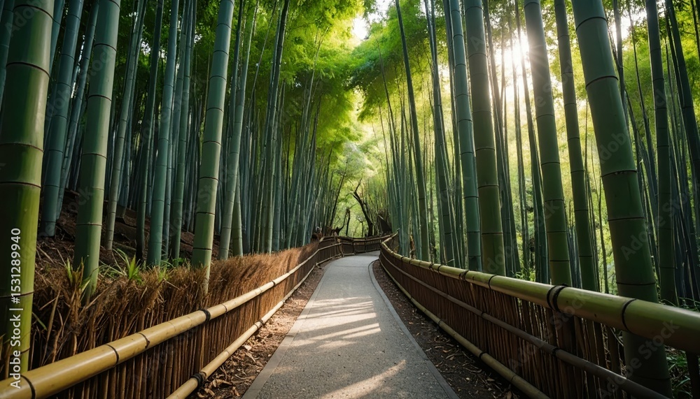 Fototapeta premium Serene Bamboo Pathway Through Lush Greenery and Sunlight Filters