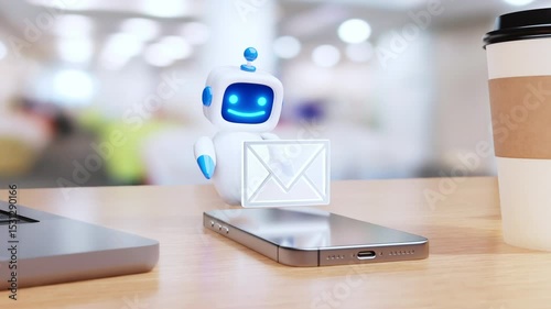 Cute AI robot character processes and manages emails surrounded by digital icons on a desk with modern devices. Concept of automated email sorting and communication.