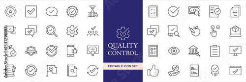 Quality control set of web icons in line style. Quality Check computing icons for web and mobile app. Containing inspection, evaluation, production, quality assurance, certificate, testing and more