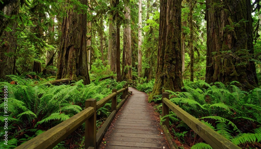 Obraz premium Serene Pathway Through a Dense Forest of Lush Giant Ferns