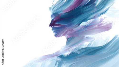 A fluid, abstract digital painting portrays a side profile of a face blending with flowing, cool-toned brushstrokes in blue and purple hues on a white background.