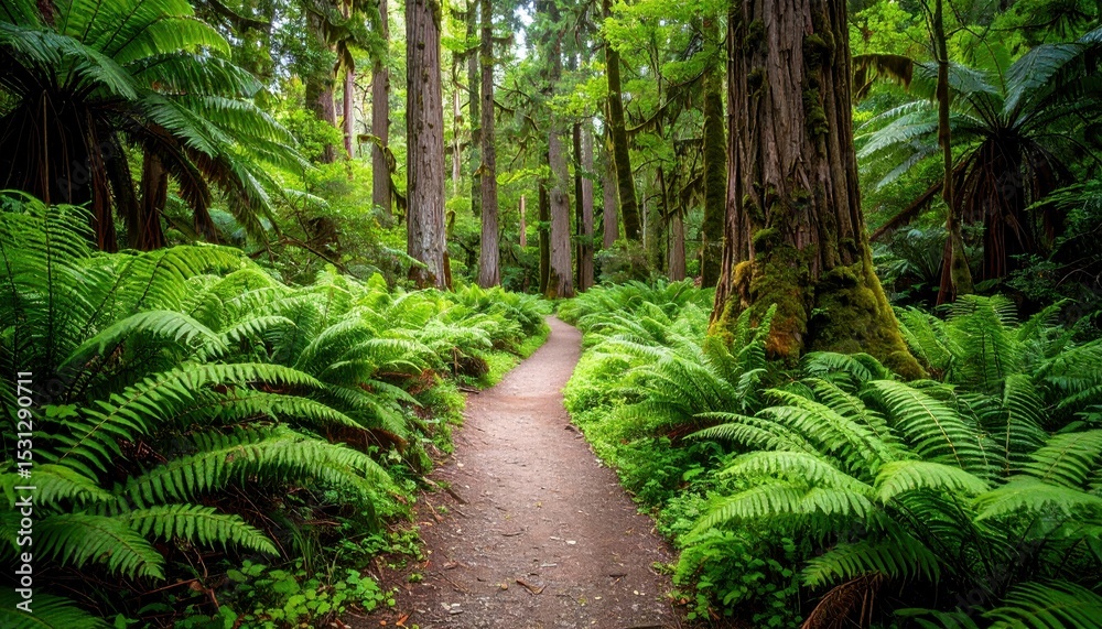 Fototapeta premium Tranquil Pathway Through Dense Forest of Giant Ferns in Nature