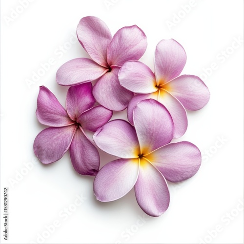 A close-up of five delicate pink and purple plumeria flowers with subtle yellow centers on a white background.