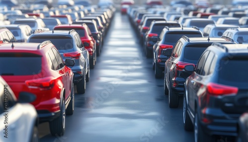 Numerous New Modern Suv Cars Seen From Behind In Dealership Parking Lot: Snapshot Of Automobile Production And Salvage Industry Market.