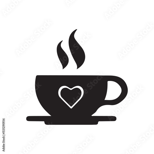 Romantic Coffee Cup Icon – Black and White Vector Illustration