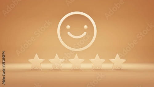 Wooden icons representing a positive rating with a happy smiley face and five stars against a warm background, symbolizing excellent service or product satisfaction.