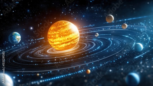 A vibrant 3D illustration of the solar system showing the sun and orbiting planets in space with glowing orbital paths.