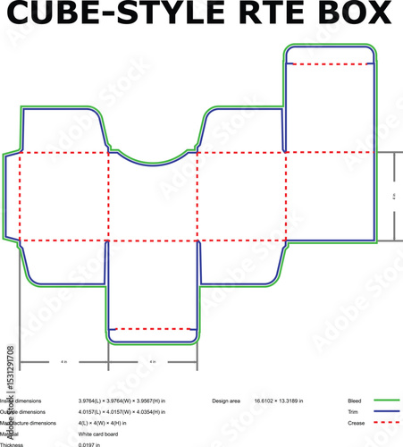 Cube style rte box template die cut packaging design