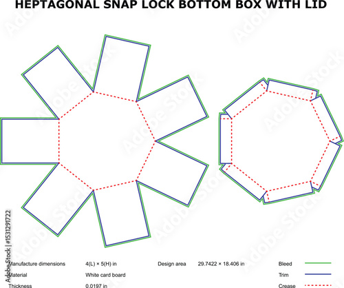 Heptagonal snap lock bottom box with lid template die-cut design