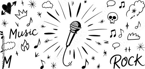Black and White Doodle Rock Music Microphone Illustration