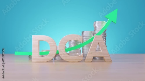 A 3D rendering shows the wooden letters DCA, representing Dollar-Cost Averaging, with stacks of silver coins and a rising green arrow symbolizing growth and investment strategy.