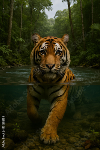 Tiger Standing in Forest Stream with Intense Gaze