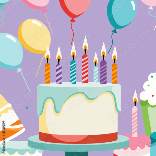 Birthday-Celebration-Illustration-with-Cake-Candles-Balloons-Colorful-Celebratory-Design-Festive-Occasion-Graphic-Birthday-Party-Elements-Joyful-Celebration