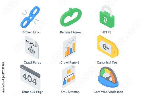 Digital seo icons including https, broken link, canonical tag, and site map