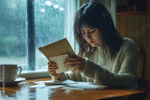 Emotional reflection on memories while reading letters by a rainy window in a cozy space