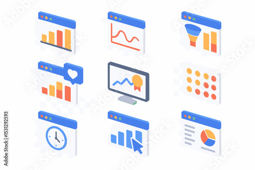 Isometric data analysis icons: charts, graphs, and analytics tools