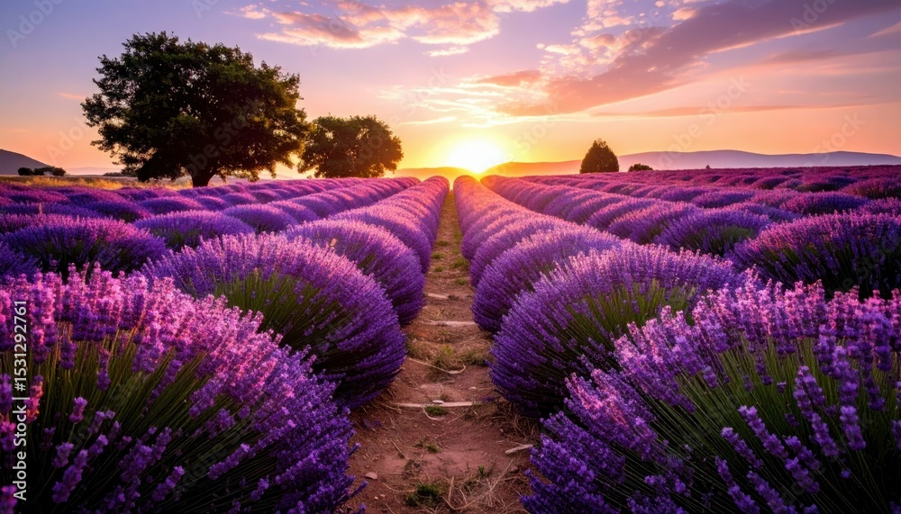 Obraz premium Serene Pathway Through Blooming Lavender Field at Dawn's Soft Light