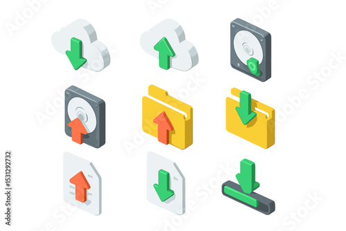 Cloud and file icons with up and down arrows in isometric view