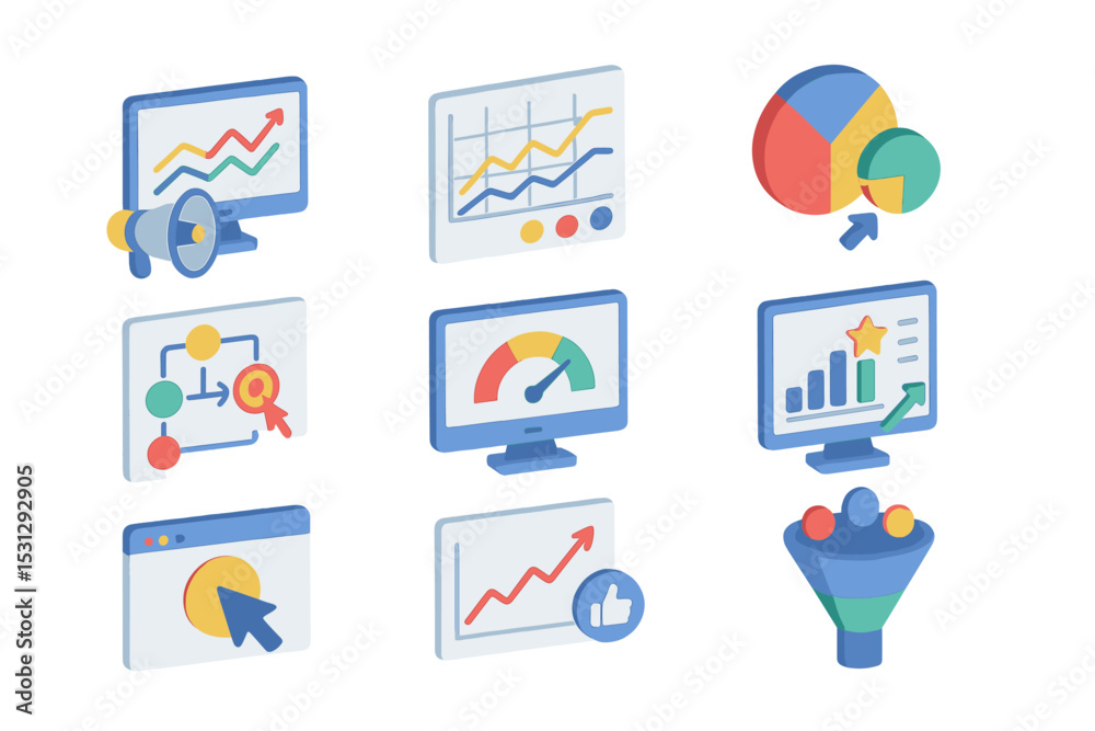 Fototapeta premium Business analytics icons on digital screens with graphs and charts