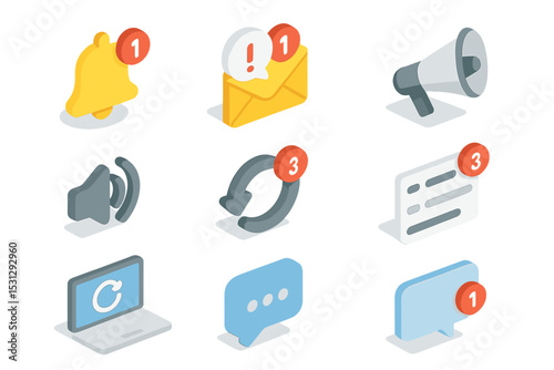 Set of notification icons for email, message, update, and alert symbols