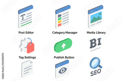 Digital content management dashboard icons for web and seo tools