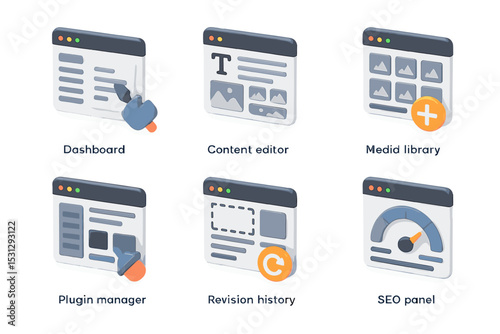 Web interface elements for cms: dashboard, editor, library, plugins, history, seo