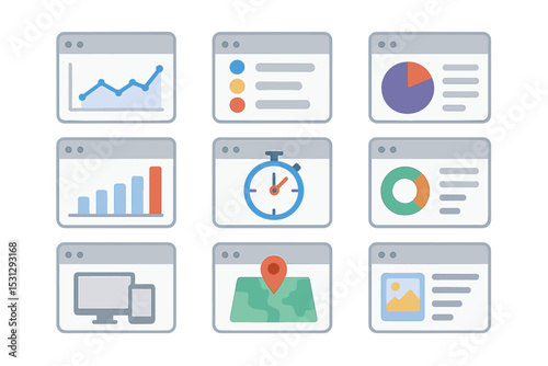 Set of nine web interface elements with graphs, charts, and icons