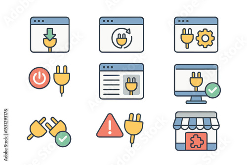 Set of web plugin icons with settings, compatibility, updates, and warnings