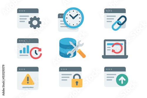 Data management icons: gear, clock, chart, database, lock, arrow, warning