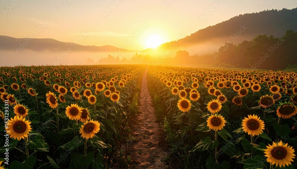 Fototapeta premium Serene Pathway Through a Field of Blooming Sunflowers at Sunrise