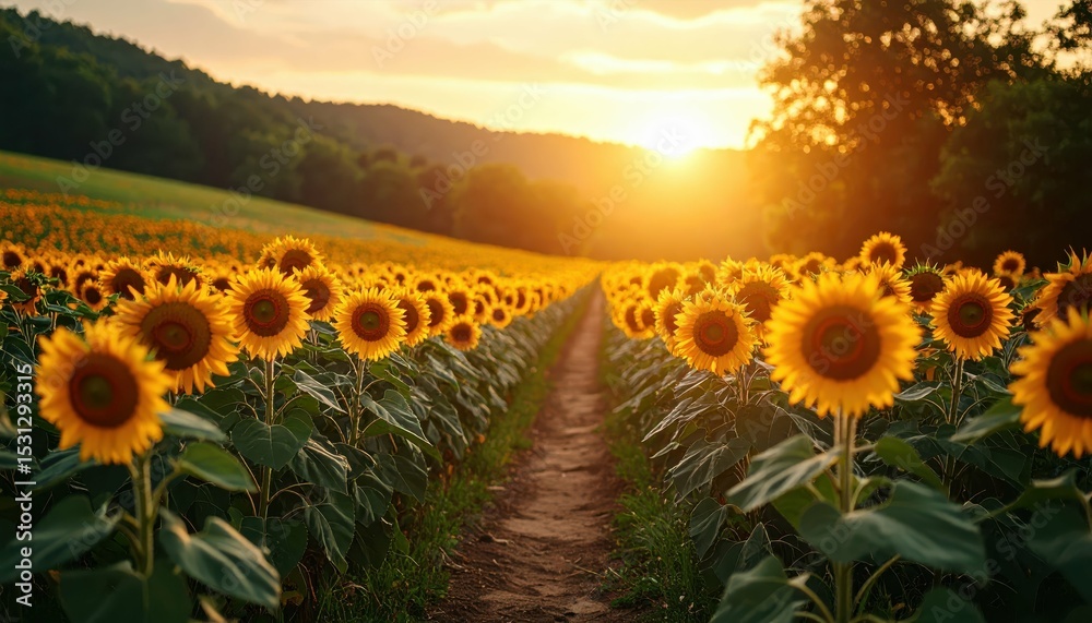 Fototapeta premium Dawn Pathway Through Sunflower Field in Warm Golden Light