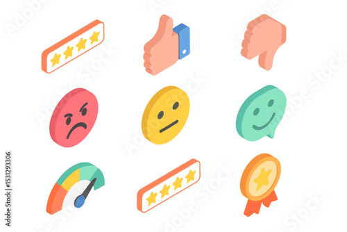 Colorful rating icons with emojis and symbols on gradient background