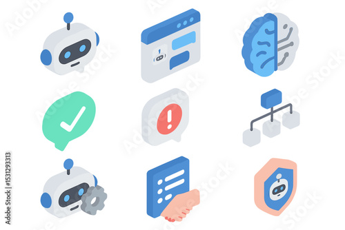 Isometric ai icons: robot, neural network, chatbot, technology elements