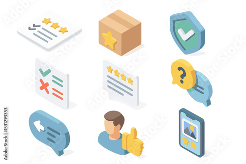 Isometric feedback icons: reviews, ratings, communication