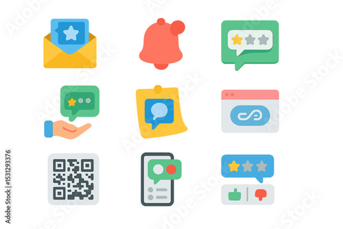 Colorful digital communication icons featuring messages and notifications