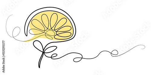 Symbol of the rising sun. Vector isolated drawing with one line with yellow spot. Stylized rays of the sun as cut lemon on a stem with leaves. Design for travel agency, travel, hotel, spa