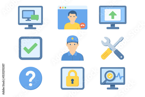 Tech support icons: communication, tools, and security