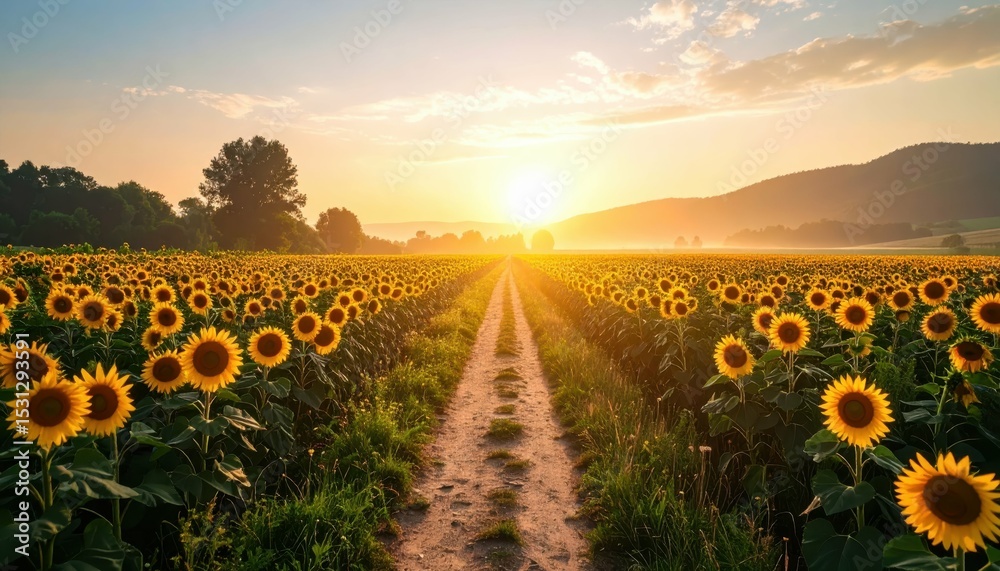 Obraz premium Serene Pathway Through Blooming Sunflowers at Sunrise in Golden Light