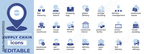Editable supply chain vector icons for logistics, operations, and industry. Clean, modern, and purpose-driven line design.