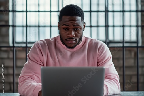 Focused individual in casual attire engages with laptop while seated in modern industrial workspace