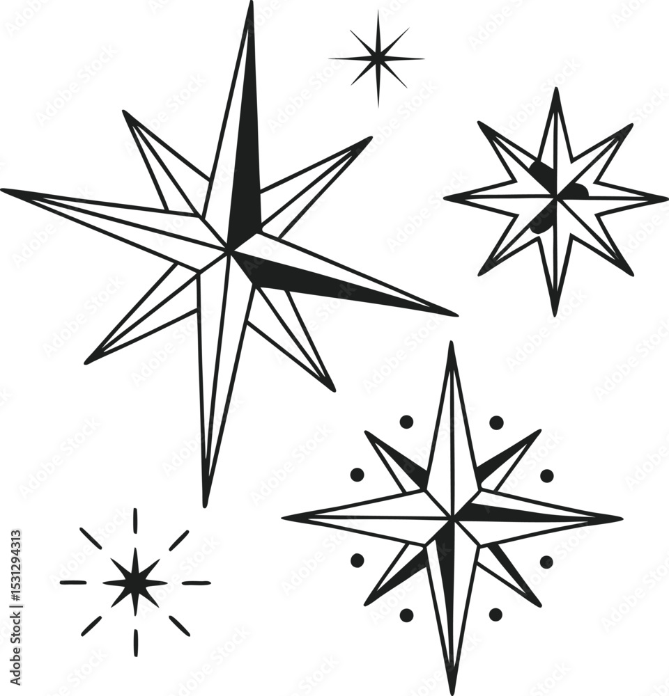 Fototapeta premium Starburst and Compass Star Vector Set Black and White Illustration