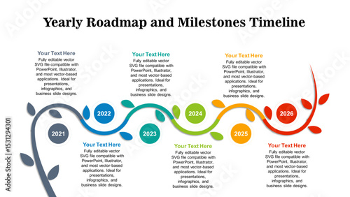 SVG-colorful-yearly-timeline-infographic-roadmap-powerpoint-vector. Fully editable vector SVG file compatible with PowerPoint, Illustrator, and most vector-based applications.