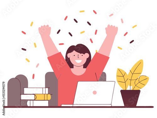 Successful Remote Work Happy Woman Celebrating Achievement with Laptop & Confetti