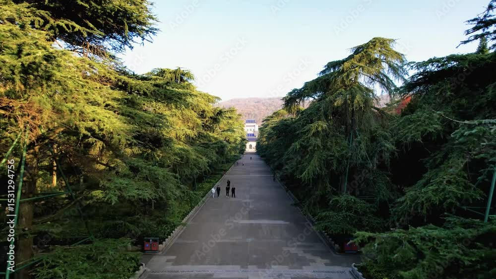 Viewing zhongshan mausoleum aerial shot of zijinshan mountain at nanjing china on a peaceful day with people walking the pathway Viewing zhongshan mausoleum aerial shot of zijinshan mountain at nanjing china on a peaceful day with people walking the pathway